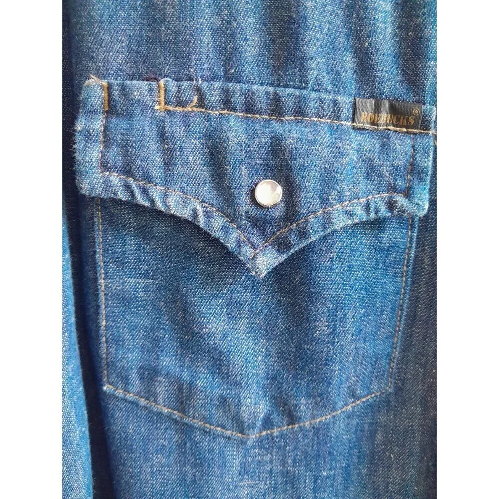 Vtg 70s 80s Sears Mens Western Wear Cowboy Trucker Pearl Snap XLT Denim Shirt